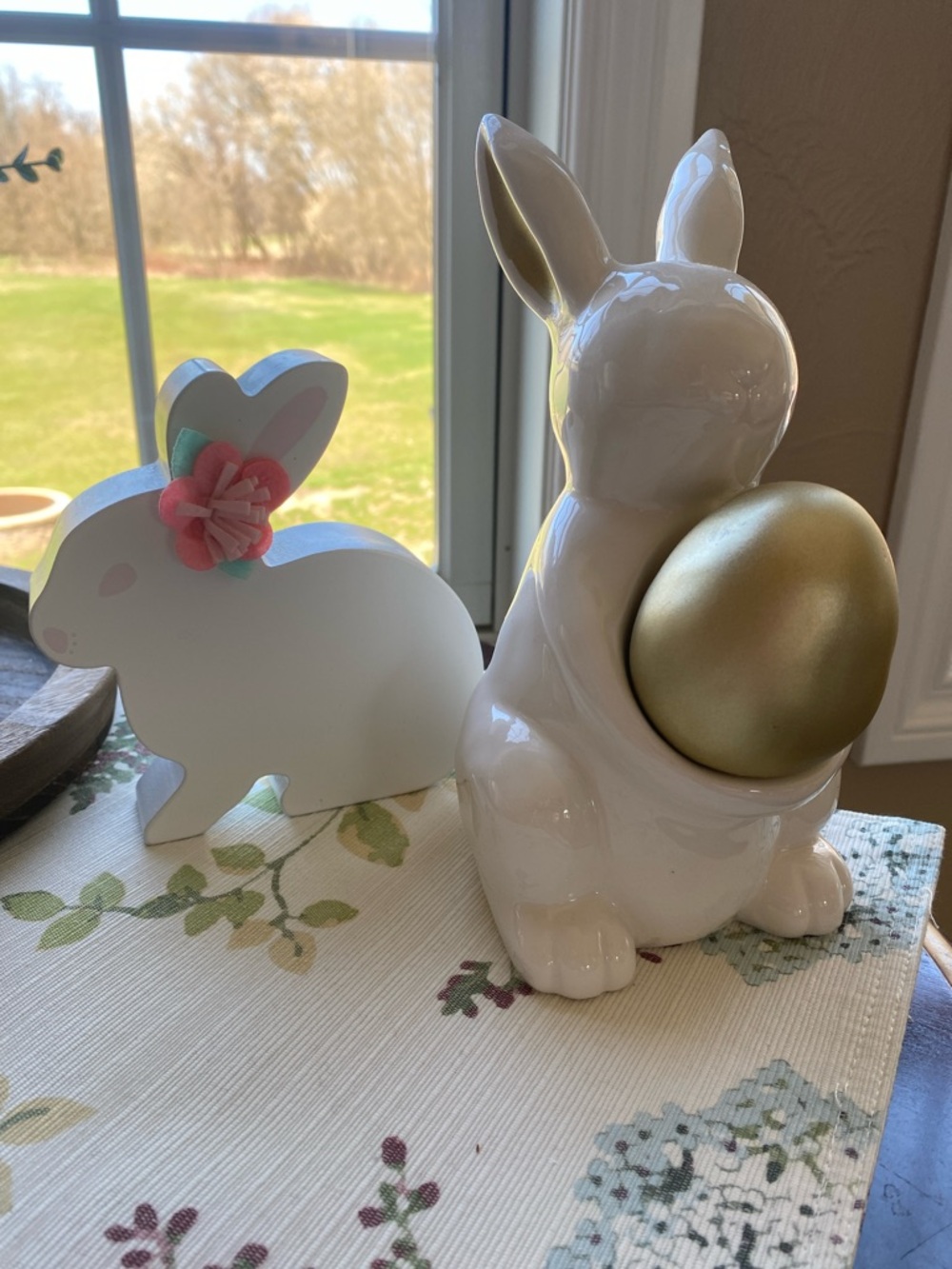 Ceramic White Bunny Figurine with Gold Accent Egg & wooden bunny decor - Picture 1 of 10